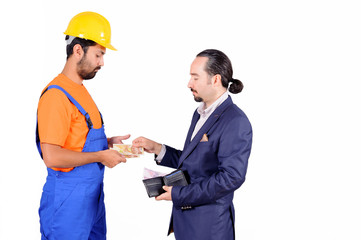 businessman paying blue collar laborer for services isolated on white background