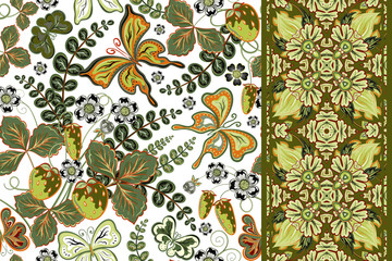Set of floral background with strawberry and butterfly and seamless border (band ribbon strip). Retro seamless pattern