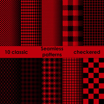 Set Of Checkered Simple Red And Black Fabric Seamless Pattern.