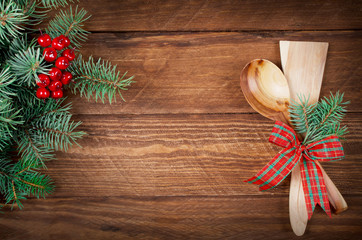 Christmas menu on wooden background. Top view