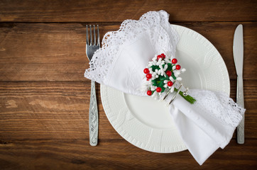 Christmas table setting. Top view