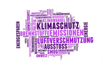 Klimaschutz Wortwolke, weis lila