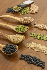 Dry legumes on wooden spoons.
