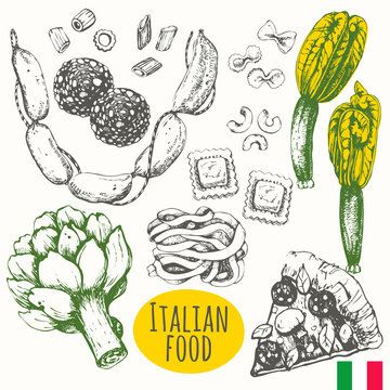 Italian food in the sketch style. Mediterranean traditional products.