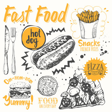 Fast food party. Vector illustration of festive traditional American food.