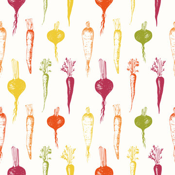 Hand-drawn root vegetables. Seamless nature background. 
