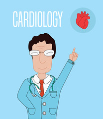 Cardiology conceptual illustration. Medical book cover design. Vector illustration of doctor explaining heart structure