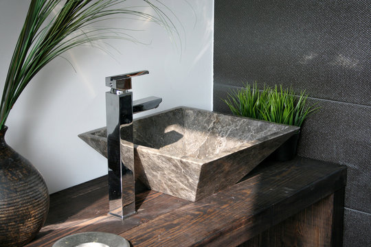 aufsatzwachbecken marmor luxus holz armatur nat&uuml;rlich rustikal spa badezimmer