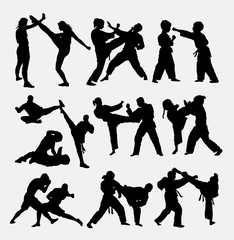 People fighting, duel martial art silhouettes. Good use for symbol, logo, web icon, sticker, mascot, sign, or any design you want. Easy to use, edit, or change color.