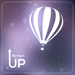 "My way is UP" hot air balloon vector illustration. White silhouette in vibrant sparkling violet background