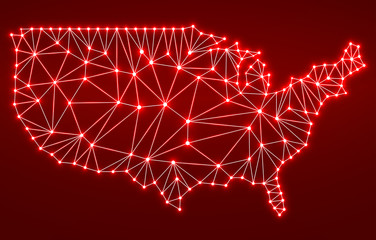 Abstract polygonal  map USA with glowing dots and lines, network connections. Vector illustration. Eps 10