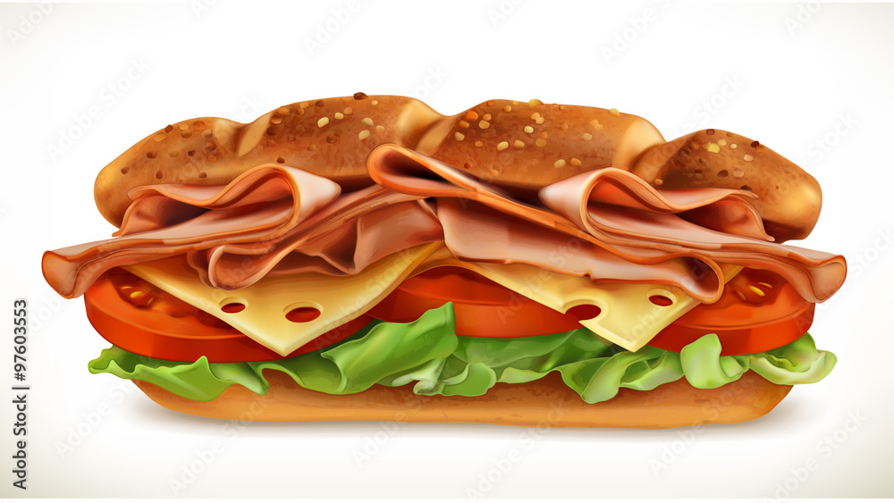 Wall mural Big sandwich with meat and cheese, vector icon