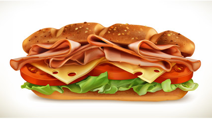 Big sandwich with meat and cheese, vector icon