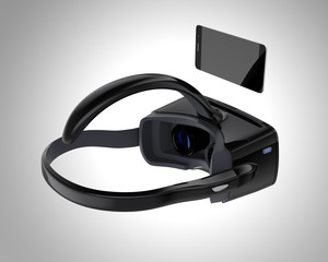 Smartphone insert into a black VR headset. 3D rendering image with clipping path. Original design.