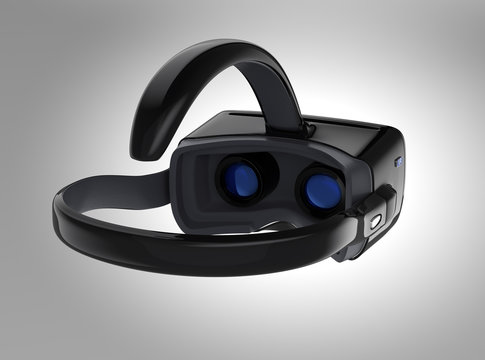 Black VR headset isolated on gray background. 3D rendering image with clipping path. Original design.