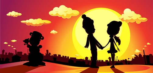 winter love - lovers silhouette in sunset vector illustration