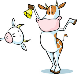 cheerful cow ringing a bell and goat peeking around the corner - vector illustration