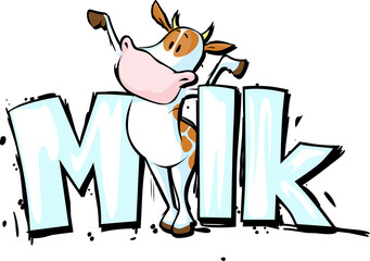 Milk text with funny cow - vector illustration