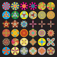 Ornament beautiful set of flowers like chakras for yoga. Geometric elements, hand drawn. Elements for spiritual compositions and patterns, small mandalas, kaleidoscope, medallion.