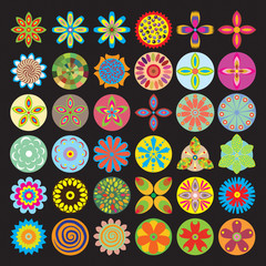 Ornament beautiful set of flowers like chakras for yoga. Geometric elements, hand drawn. Elements for spiritual compositions and patterns, small mandalas, kaleidoscope, medallion.