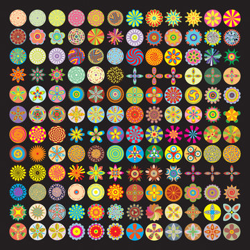 Over 100 flower icon in color, mod flowers, flat style floral circle blooms. Super bundle of  floral circular design elements. silhouette icons, isolated. 