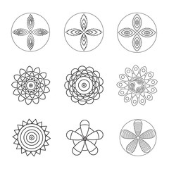 Flowers design element for coloring page book. Hipster geometrical circular flowers, floral design elements, set of isolated linear graphical logos, icons, flower objects. 