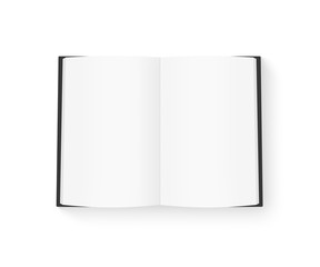 Open blank book mock up isolated on white. Black cover diary.