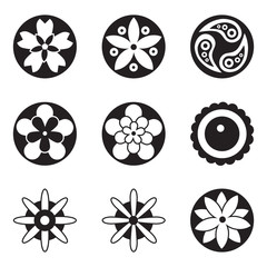 Black and white vector flowers set with nine different logo and icon designs of spring and summer flowers