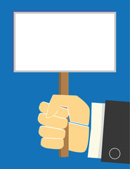 Arm and hand of a businessman holding up a blank white sign or placard with room for your text