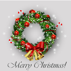 White card with Christmas wreath and bow