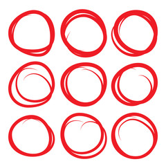 Highlighter elements, red circle set, collection of correction and hand draw circles.