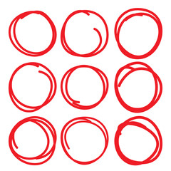 Set of nine hand drawn scribble circles and highlights, vector logo and diagrams design elements on white.
