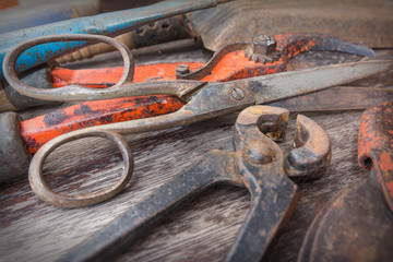 Old rusty tools - vintage gardening tools on wooden background