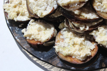 Dish from fried pieces of eggplants