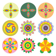Ornament beautiful set of flowers like chakras for yoga. Geometric elements, hand drawn. Elements for spiritual compositions and patterns, small mandalas, kaleidoscope, medallion.