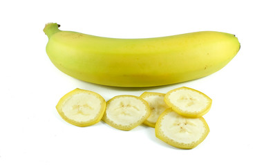 Fototapeta na wymiar Banana fruit and slices, isolated on white background