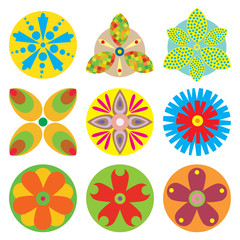 Ornament beautiful set of flowers like chakras for yoga. Geometric elements, hand drawn. Elements for spiritual compositions and patterns, small mandalas, kaleidoscope, medallion.