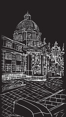Prague town, Czech Republic. Church Of St. Francis and Square of the Knights.  European city, black & white vector sketch hand drawn collection. 