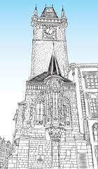 Prague town, Czech Republic. Church Of St. Francis and Square of the Knights. European city, black & white vector sketch hand drawn collection. 