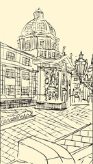 Prague town, Czech Republic. Church Of St. Francis and Square of the Knights. European city, black & white vector sketch hand drawn collection. 