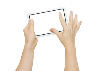 Two hands holding big screen device, zooming fingers, clipping path