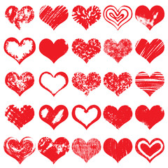 Fototapeta na wymiar Heart icons, hand drawn icons for valentines and wedding in red color for valentines. Collection of grunge vector hearts for wedding. Made of chalk and watercolour.