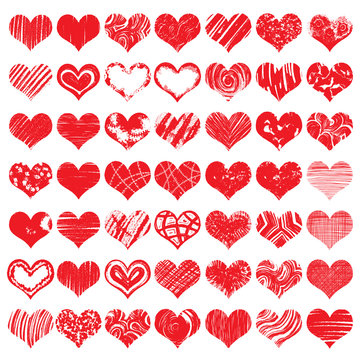 Hand drawn heart shapes, icons in red color for valentines and wedding. Painted collection of grunge vector hearts wedding. Made of chalk and watercolour.