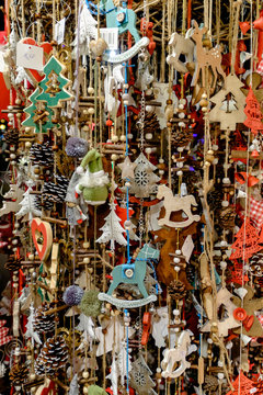 Lots of Christmas decorations hanging at the market in Vienna