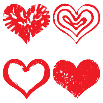 Heart icons, hand drawn icons for valentines and wedding in red color for valentines. Collection of grunge vector hearts for wedding. Made of chalk and watercolour.