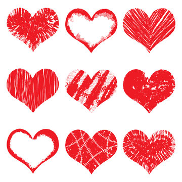 Set of hand drawn vector heart. Collection created with different brush such as chalk, ink, pencil, watercolour brush and scratch. 