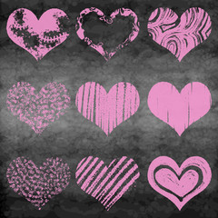 Chalk drawn vector collection of hearts. Set of heart in pink and red color on chalk board or school board. 