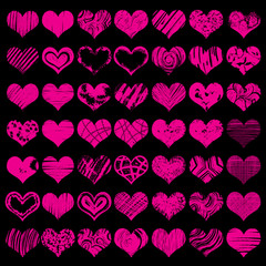 Fototapeta na wymiar Hand drawn heart shapes, icons in red color for valentines and wedding. Painted collection of grunge vector hearts wedding. Made of chalk and watercolour.