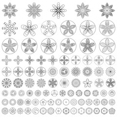 Large Set of flat liner icon flower. Black and white, Isolated floral elements for coloring book. Floral icons, logo, stickers, labels, tags. Create imaginary composition.