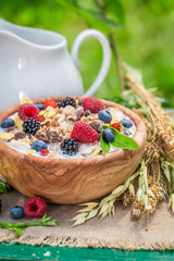Fresh breakfast with berry fruits and milk in garden